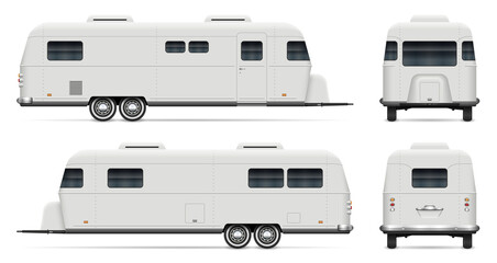 Rv camping trailer vector mockup on white background for vehicle branding, corporate identity. View from side, front, back. All elements in the groups on separate layers for easy editing and recolor