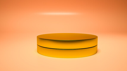 golden round three-dimensional podium. empty display area on a light orange background. 3d render illustration