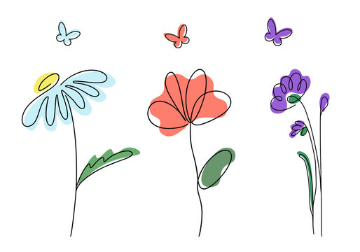 Minimalistic flowers set, trendy line art with colorful abstract shapes. One line drawing. Cornflower, daisy, poppy and butterflies contours. Vector illustration. Isolated on white background.