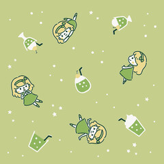 パターンイラスト　ソーダと女の子　メロンソーダ