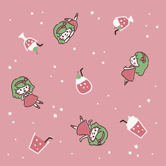 パターンイラスト　ソーダと女の子　ストロベリーソーダ