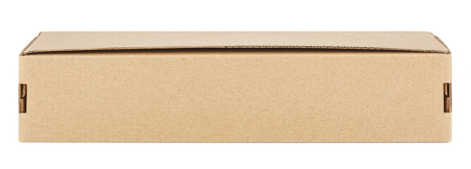 Front view of long rectangle brown cardboard box isolated on a white background