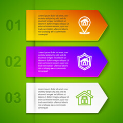 Set line Location with house, House shield and under protection. Business infographic template. Vector.