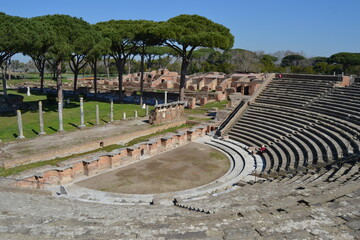 Panorama of roman amphitheater in ostia Antica Rome Italy empty on a sunny day 