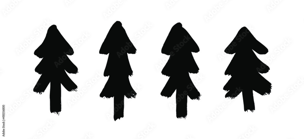 Aufkleber paint drawing set of black christmas trees on white background. hand drawn abstract illustration gru