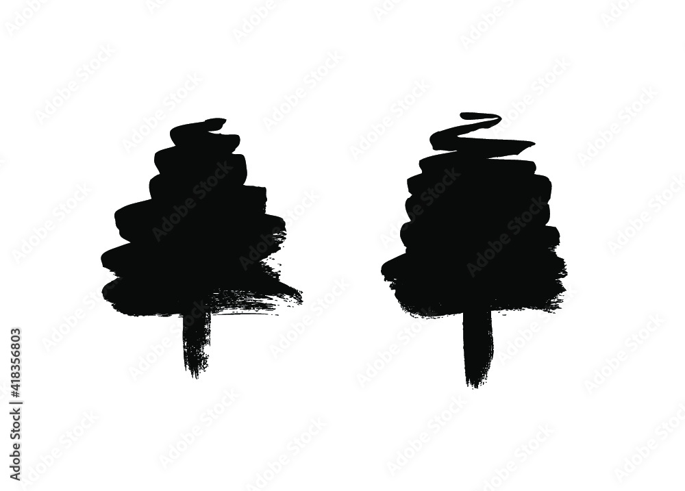 Aufkleber paint drawing set of black trees on white background. hand drawn abstract illustration grunge elemen