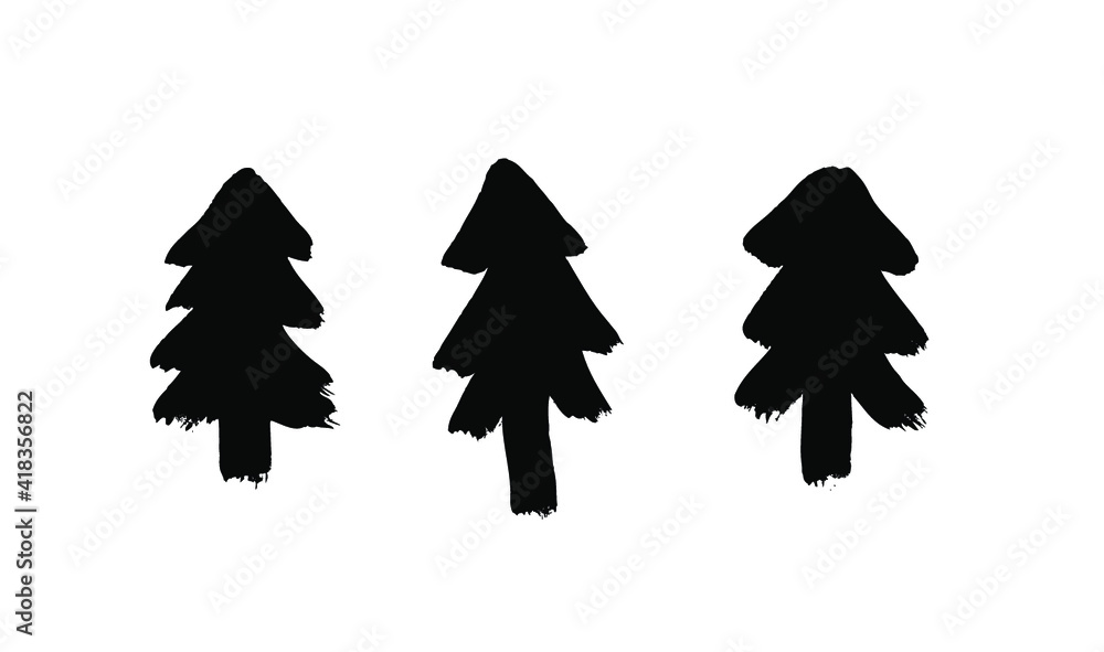 Aufkleber paint drawing set of black christmas trees on white background. hand drawn abstract illustration gru