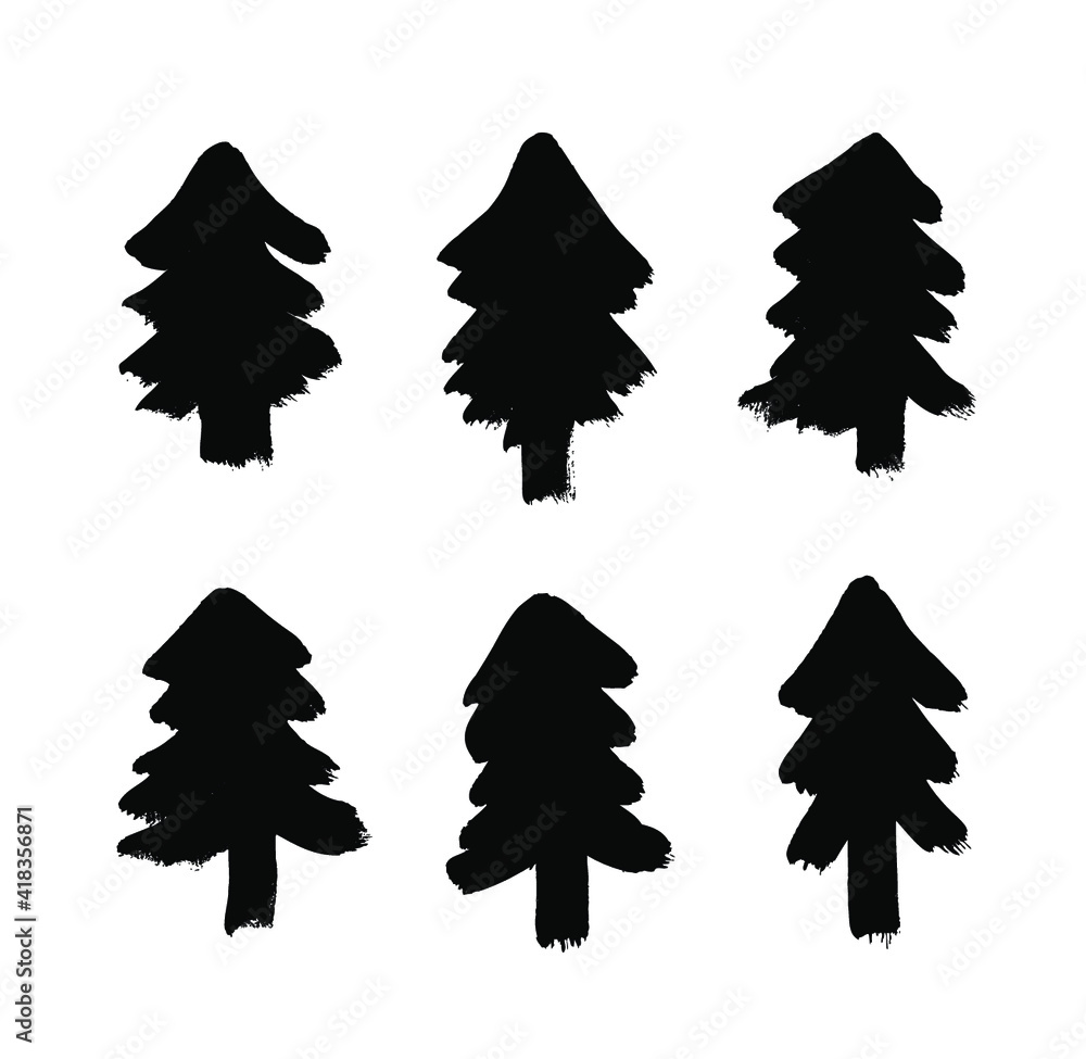 Aufkleber paint drawing set of black christmas trees on white background. hand drawn abstract illustration gru