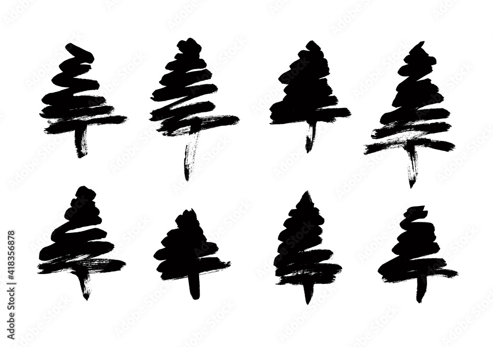Aufkleber paint drawing set of black christmas trees on white background. hand drawn abstract illustration gru