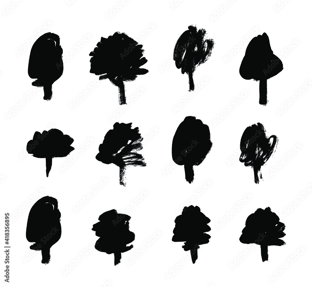 Aufkleber paint drawing set of black trees on white background. hand drawn abstract illustration grunge elemen