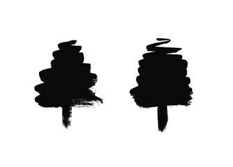 Paint drawing set of black trees on white background. Hand drawn abstract illustration grunge elements. Vector abstract forest objects for design use