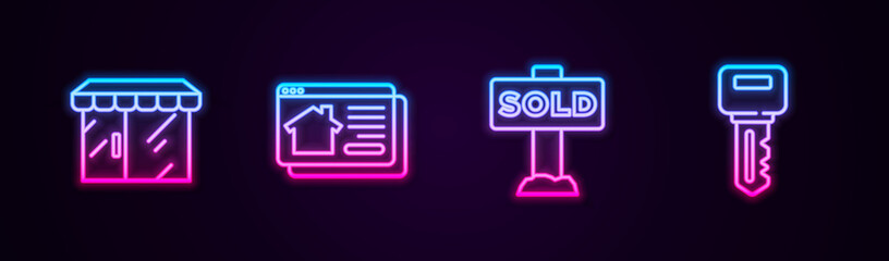 Set line Market store, Online real estate house, Hanging sign with text Sold and House key. Glowing neon icon. Vector.
