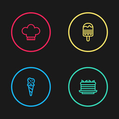 Set line Ice cream in waffle cone, Cake, and Chef hat icon. Vector.