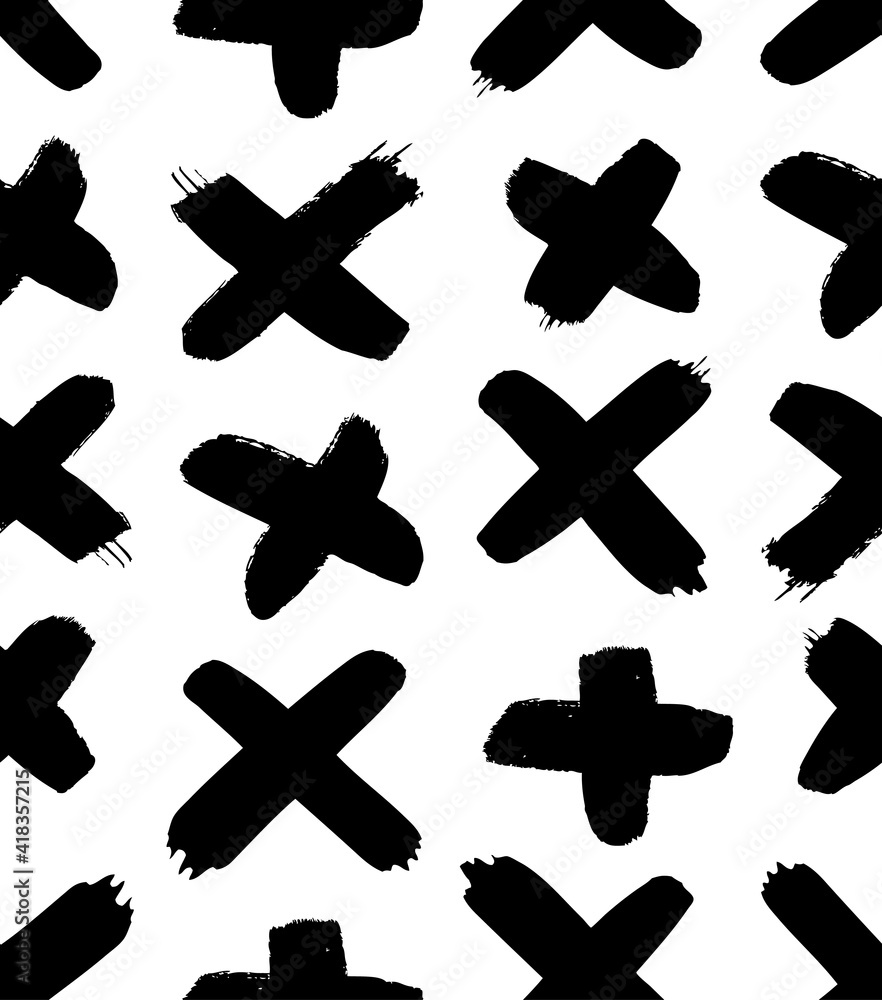 Poster seamless pattern with hand drawn black and white cross. paint objects background for your design. ve