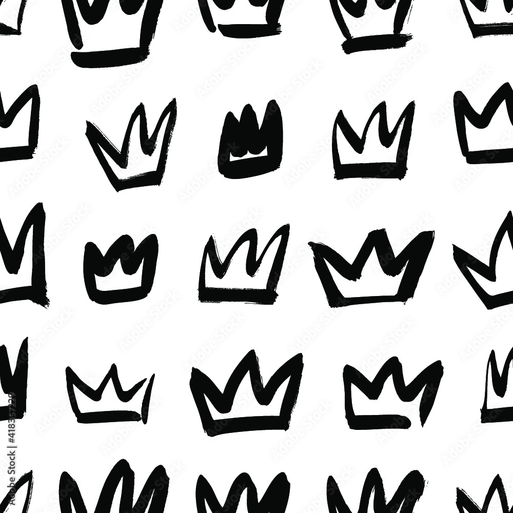 Poster seamless pattern with hand drawn black and white crown. paint objects background for your design. ve