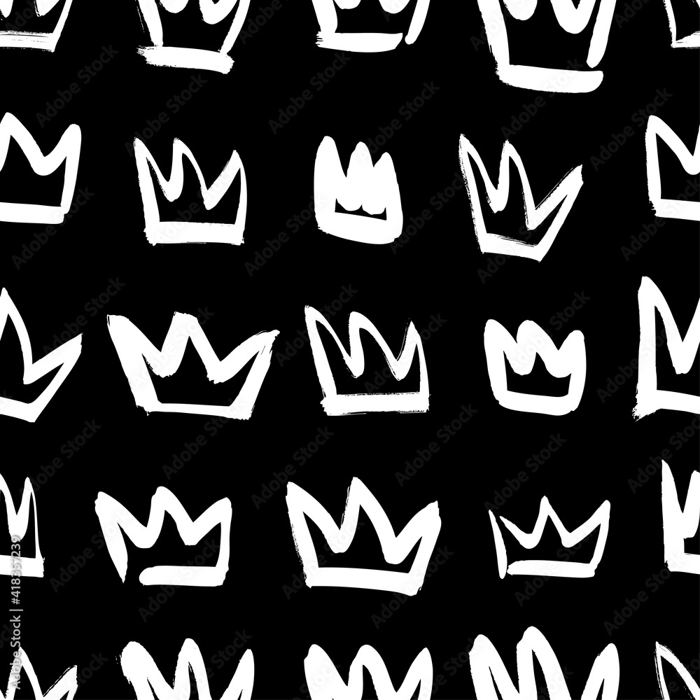 Poster seamless pattern with hand drawn black and white crown. paint objects background for your design. ve