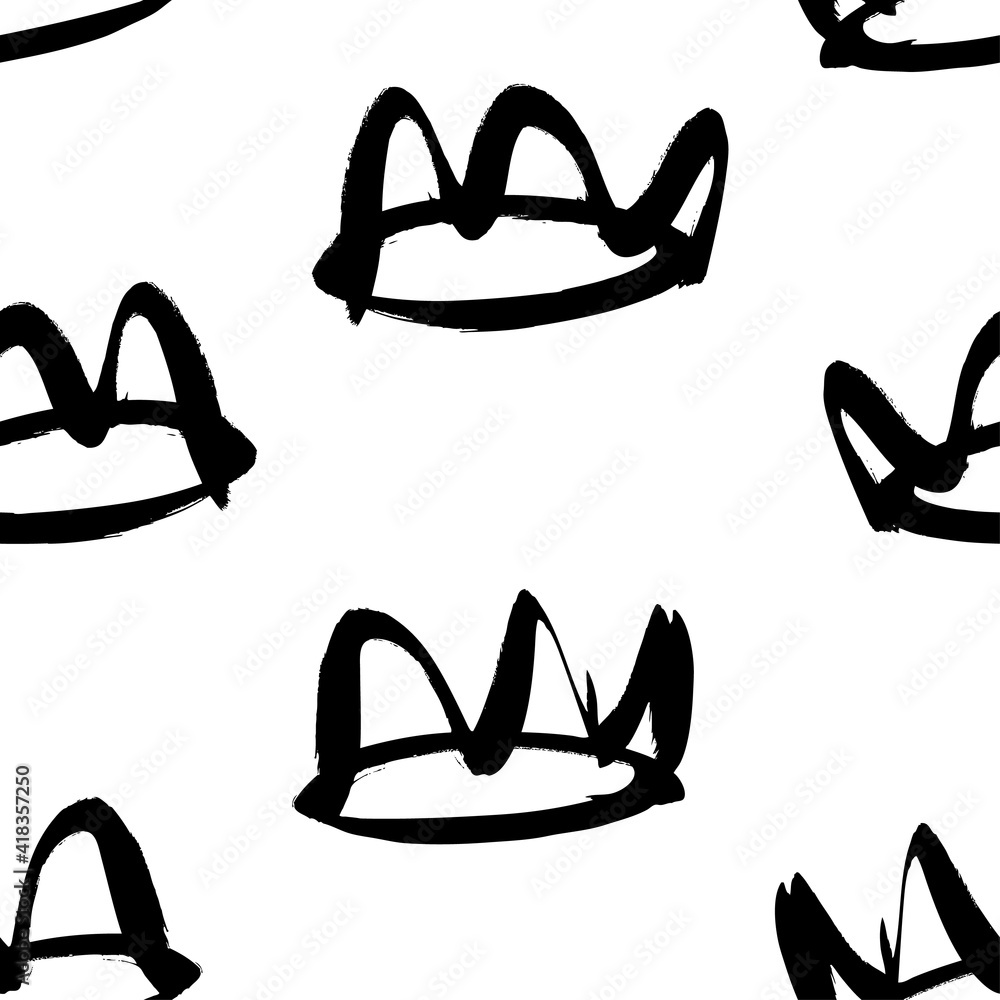 Poster seamless pattern with hand drawn black and white crown. paint objects background for your design. ve