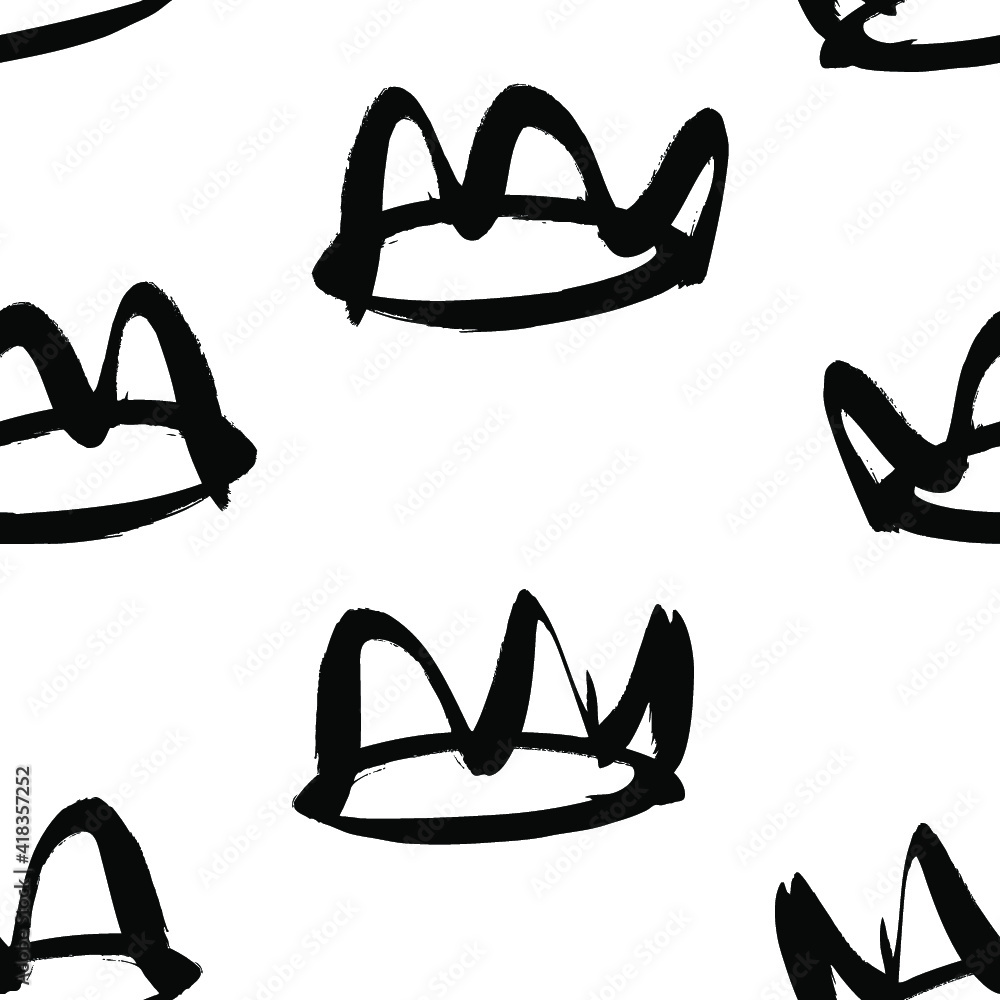 Poster seamless pattern with hand drawn black and white crown. paint objects background for your design. ve