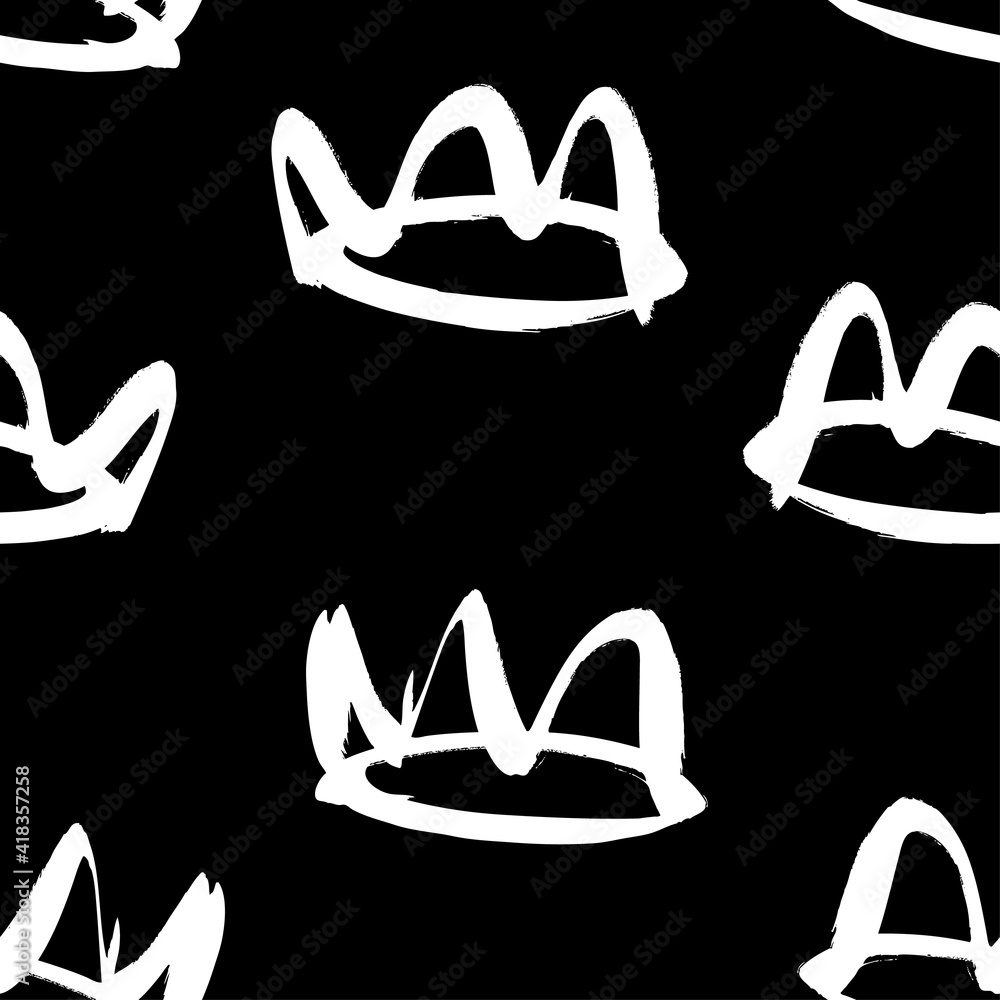 Poster seamless pattern with hand drawn black and white crown. paint objects background for your design. ve