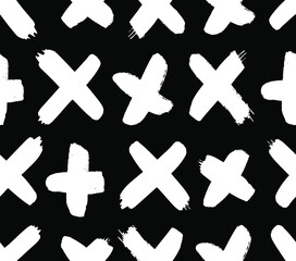 Seamless pattern with hand drawn black and white cross. Paint objects background for your design. Vector art drawing. Brush  grunge illustration