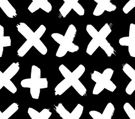 Seamless pattern with hand drawn black and white cross. Paint objects background for your design. Vector art drawing. Brush  grunge illustration