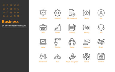 set of business thin line icons 64x64 px, managment, business people, organization
