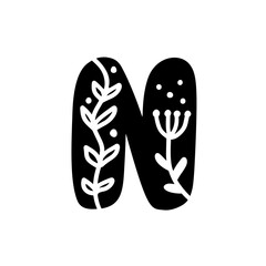 Vintage floral bold Letter N Logo spring. Classic N Summer Letter Design Vector with Black Color and Floral Hand Drawn with monoline pattern