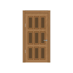 Frontal image of a closed brown door, isolated on white background.