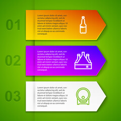 Set line Plastic beer bottle, Pack of bottles and Wooden barrel on rack. Business infographic template. Vector.