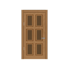 Frontal image of a closed brown door, isolated on white background.