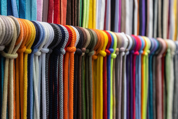 different colors of laces or rope on the shelves of a clothing factory or production