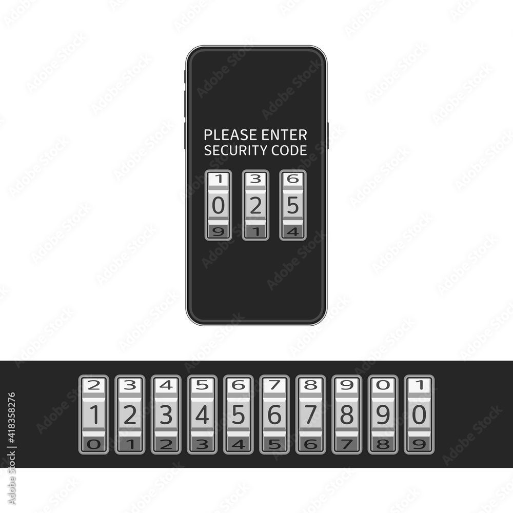 Poster mobile phone with combination, number code lock keypad on screen. device entering security system co