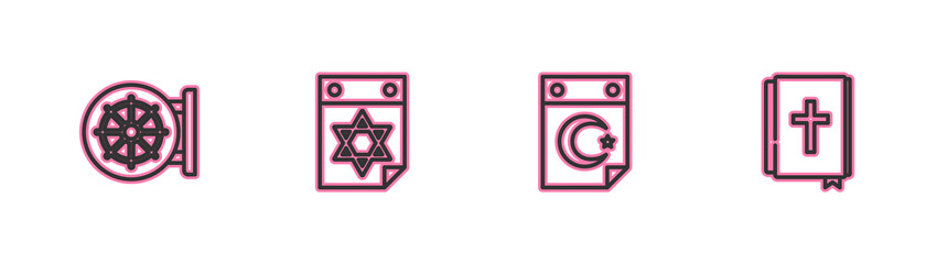Set line Dharma wheel, Star and crescent, Jewish calendar and Holy bible book icon. Vector.