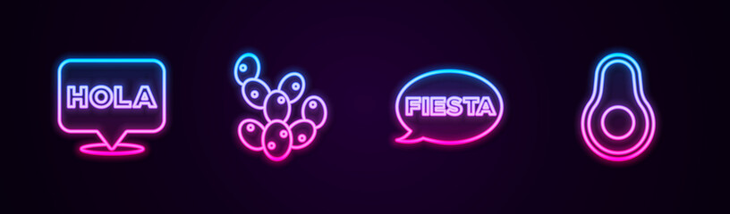 Set line Hola, Cactus, Fiesta and Avocado fruit. Glowing neon icon. Vector. © vector_v