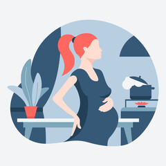 Pregnant woman standing in the kitchen near the stove. Pregnant with back pain. Home routine. Flat design. Vector illustration