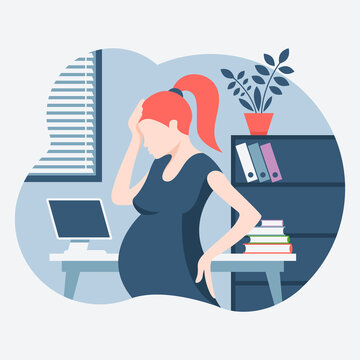 Pregnant woman working in the office. Pregnant tired woman. Flat design. Vector illustration