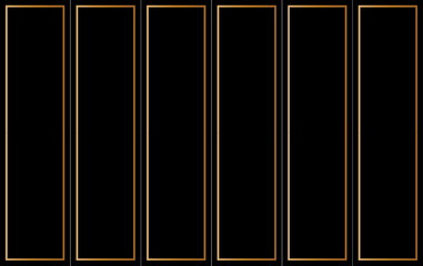 Six door frames of abstract pattern. Design vertical rectangular gold on black background. Design print for illustration, texture, textile, wallpaper, background. 
