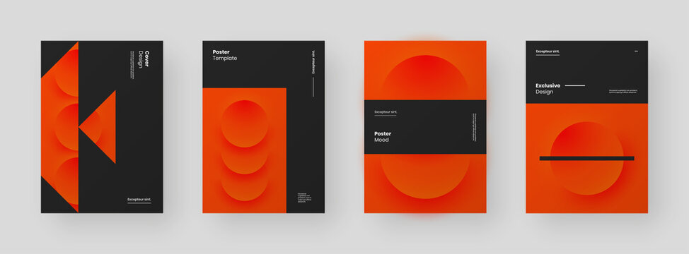 Abstract set Placards, Posters, Flyers, Banner Designs. Colorful illustration on vertical A4 format. 3d geometric shapes. Decorative neumorphism backdrop.