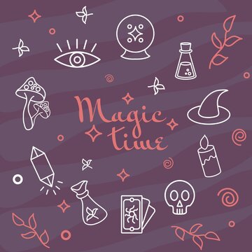 A set of mystical and magical elements. Vector illustration. Items for fortune telling and magic. Crystal ball, cauldron, candles, cards. The symbol of witchcraft. Suitable for banner, poster, cards