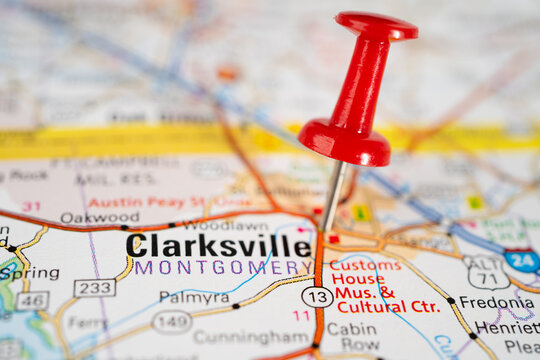 Bangkok, Thailand, June 1, 2020 Clarksville,  Montgomery County, Tennessee, road map with red pushpin, city in the United States of America USA.