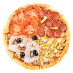Pizza with ham, olives, salami and mushrooms isolated on white background. Top view