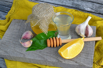 Healthy foods.Lemon with garlic and honey.Alternative medicine.