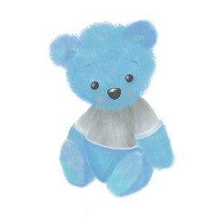 Cute illustration of a sitting blue bear cub in a gray blouse