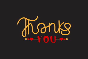 Thank You Card. Gold and Black Text Handwritten Lettering with Heart Icon isolated On Black Background. Flat Vector Illustration Design Template Element for Greeting Cards.