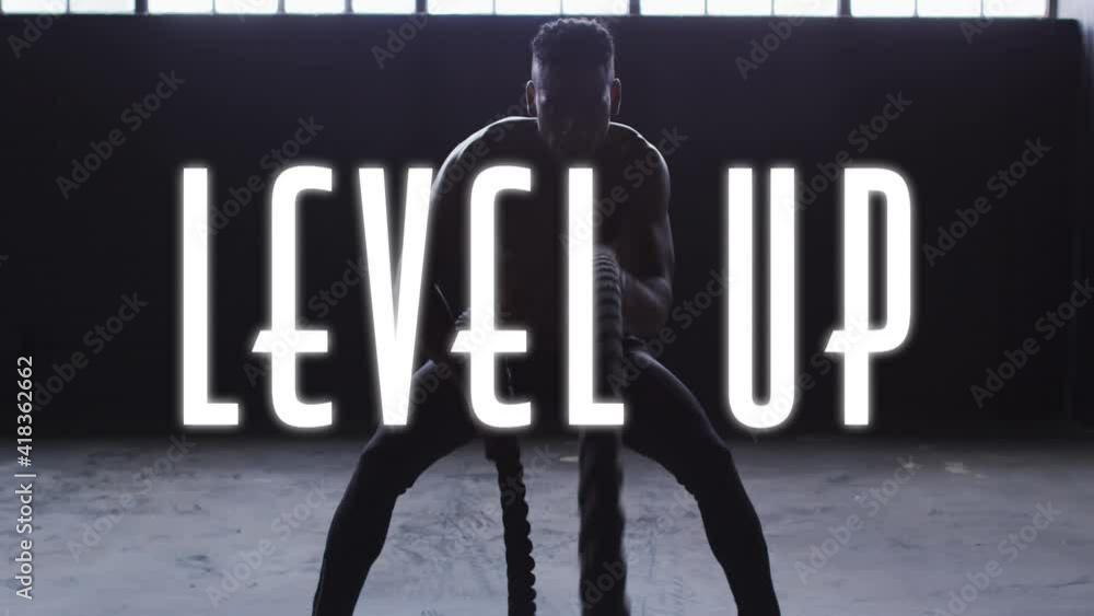 Poster animation of level up text over mixed man exercising with ropes