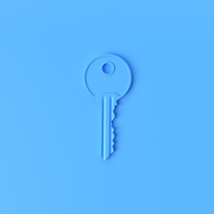 One single blue key on flat bright blue background. Minimalism concept. 3d render illustration