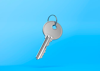 One single key on flat bright blue background. Minimalism concept. 3d render illustration