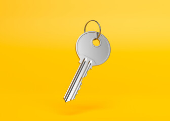 One single key on flat bright yellow background. Minimalism concept. 3d render illustration