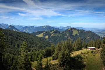 Fototapeta na wymiar Panorama Ausblick von der Alpspitz in Nesselwang auf die Bergwelt in den Allgäuer Alpen