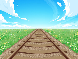 まっすぐな線路と草原の風景 背景イラスト 秋の花 Canvas Print ふわぷか